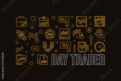 Day Trader vector Cryptocurrency Trading horizontal banner in thin line style