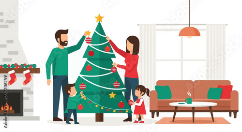 A heartwarming flat design illustration portraying a happy family joyfully decorating a tall Christmas tree in their modern living room. 