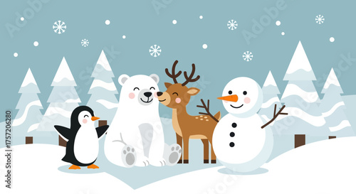 This flat design illustration showcases an enchanting gathering of winter animals—a polar bear, reindeer, penguin, and snowman—celebrating joyfully in a serene, snow-covered forest. 