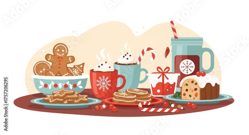 A delightful flat design illustration presenting a cozy spread of festive holiday treats and warm beverages, including gingerbread, hot cocoa, and candy canes. 