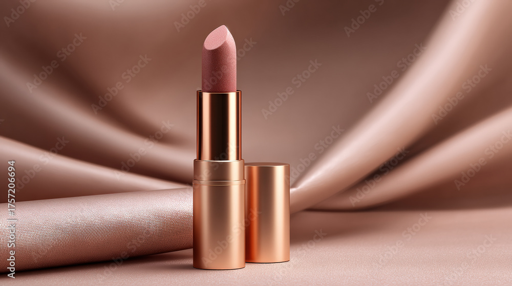 Obraz premium Photorealistic close up of rose gold lipstick tube, elegantly placed on soft, silky fabric. lipstick features smooth, creamy texture, perfect for enhancing beauty and style