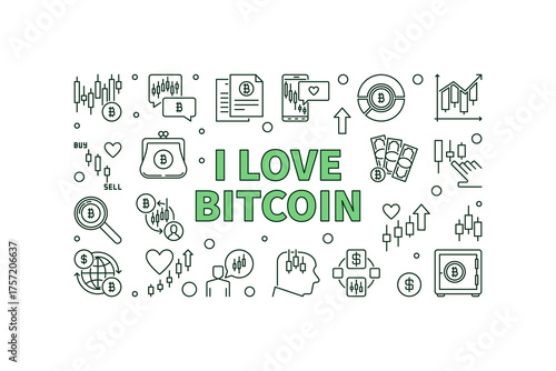 I Love Bitcoin vector BTC Crypto Investment and Trading horizontal banner in thin line style