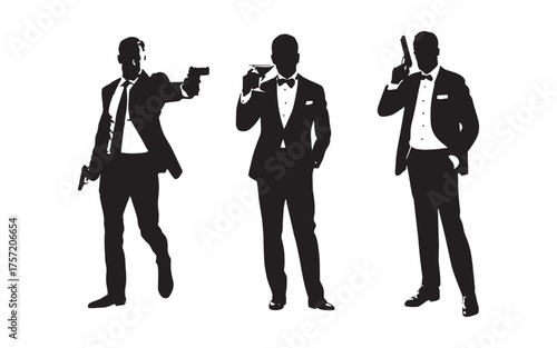 Stylish silhouettes of elegant men in suits and bow ties holding guns, capturing a Bond-inspired spy theme in a sleek black and white illustration.