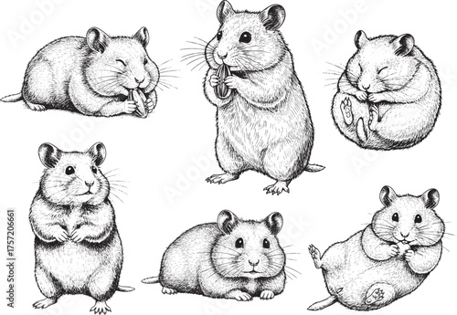 Hand drawn Hamster illustration set poses,cute and detailed sketch vintage ink style