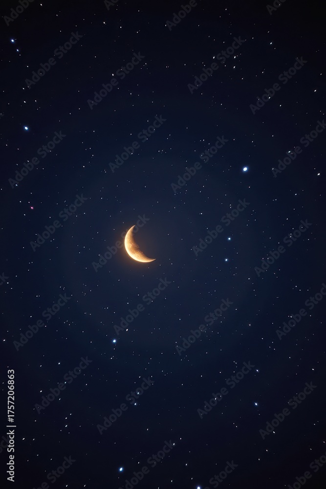Fototapeta premium A luminous crescent moon hangs in the dark, starry night sky, bright light, expanse