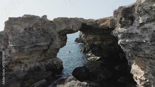 Aerial view of the rocky arc in the Black sea near Tyulenovo village, Bulgaria.
