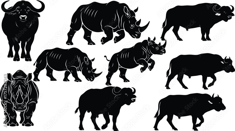 Naklejka premium African Safari Wildlife Silhouettes Collection, Dangerous Wild Animals Black and White Vector Set, Rhinos and Buffaloes Running, Standing, and Charging, Mammals Icon Pack