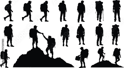 Diverse hiking and backpacking silhouette collection, featuring men and women with large rucksacks, walking and climbing, perfect for adventure, travel, and outdoor graphics.