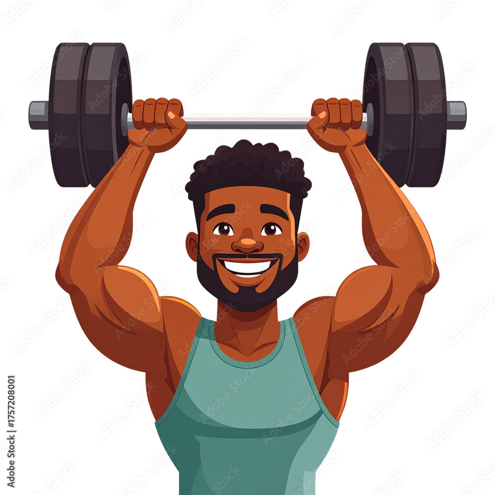 Fototapeta premium PNG cartoon vector of a strongman happily lifting a giant dumbbell, perfect for fitness, gym illustrations, workout designs, strength clipart, and fun cartoon projects