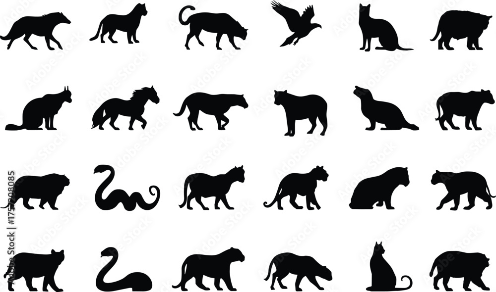 Naklejka premium Diverse wild animal silhouette collection, featuring big cats, a horse, eagles, and snakes in various motion poses, for wildlife and nature graphic assets.