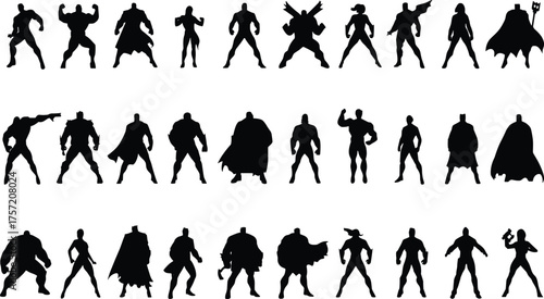 Diverse superhero silhouette collection, featuring men and women in dynamic action poses with capes, weapons, and muscular builds, for comic and power graphic assets.