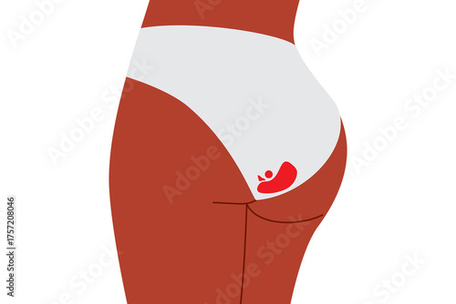 Dark-skinned woman in white underwear with period stain. Vector illustration promoting menstrual health, body positivity, self-acceptance and normalizing periods. Isolated high resolution PNG 
