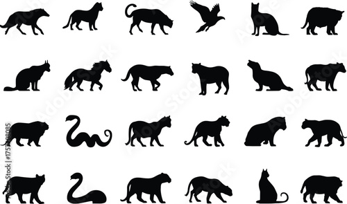 Diverse wild animal silhouette collection, featuring big cats, a horse, eagles, and snakes in various motion poses, for wildlife and nature graphic assets.