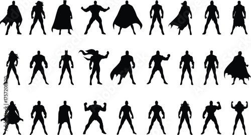 Dynamic Superhero and Villain Silhouettes Vector Collection, Powerful Comic Book Character Action Poses, Isolated Graphic Elements.