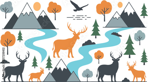 Photography Flat vector illustration of a forest landscape with mountains, a winding river, and a variety of wild animals, including deer and an eagle, in a natural environment