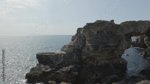 Aerial view of the rocky arc in the Black sea near Tyulenovo village, Bulgaria.
