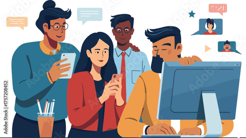 Group of business people collaborating on computer and mobile devices, teamwork, online communication, video conference, and digital office illustration