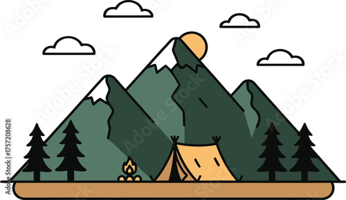 Minimalist vector illustration of a camping adventure, featuring a tent, campfire, mountains, and trees under a sunny sky.