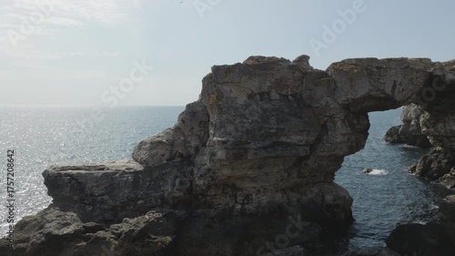 Aerial view of the rocky arc in the Black sea near Tyulenovo village, Bulgaria.
