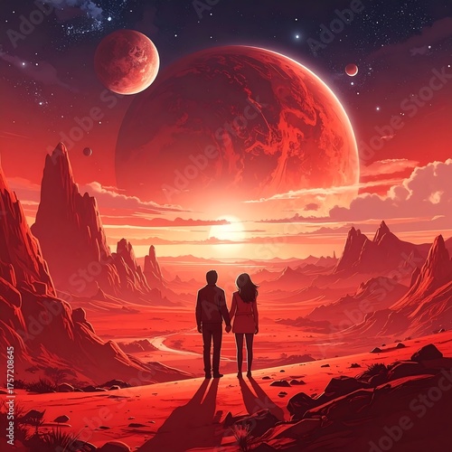 Couple holding hands, gazing at fiery planets in a celestial landscape