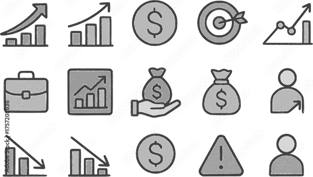 Fototapeta premium Business Economy and Investment Profit Loss Vector Icon Set – Flat Outline Design on Cream Background