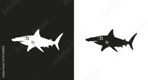 Stylized Hammerhead Shark Vector Icon Black and White Illustration