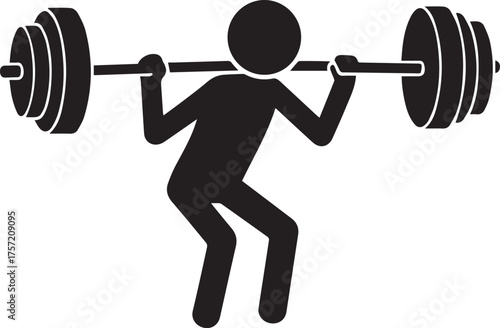 Stick figure lifting barbell in squat position weightlifting
