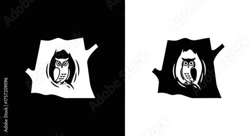 Logo Template Vector of a Stylized Owl in a Tree Hollow Black and White