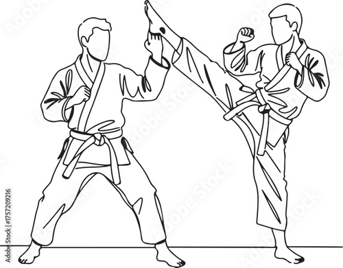 Two men practicing karate with kicks and punches Keywords: karate, martial arts, fighting
