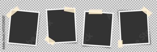 Taped photo frame mockup. Empty instant photo template. Photobooth frame. Four photos with sticky tape. Snapshot print for scrapbook design