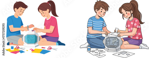 Children, teamwork, craft activity, geometric paper art, creative learning, kids collaboration, school project, hands-on education, glue, scissors, fun