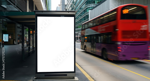 Showcase your brand on a blank billboard in the bustling city center with blurred bus adding a touch of dynamic urban life in modern Singapore