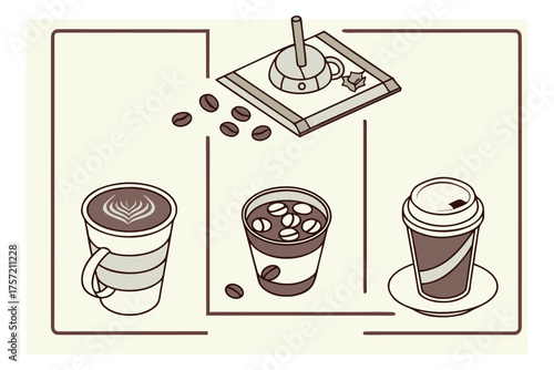 Illustration of coffee beans and various coffee drinks in stylized cups with a coffee grinder