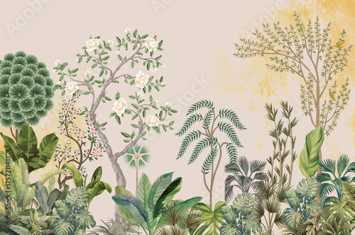 Chinoiseries peacock, Birds Palace Garden royal Wallpaper pattern Stock Illustration.