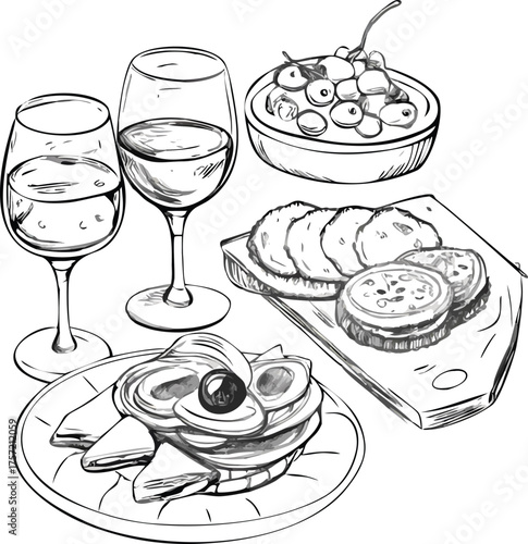Elegant appetizer sketches featuring wine cheese and olives for culinary delight