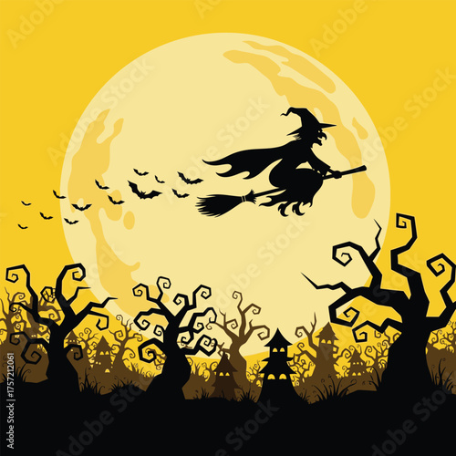 Halloween Witch Flying Broomstick Moon Bats Spooky Forest Silhouette