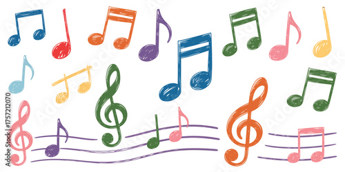 Collection of colorful musical notes and staff elements a vibrant and scalable vector illustration for music-themed projects silhouette vector illustration white background