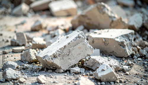 Broken concrete chunks and rubble scattered on dusty ground.