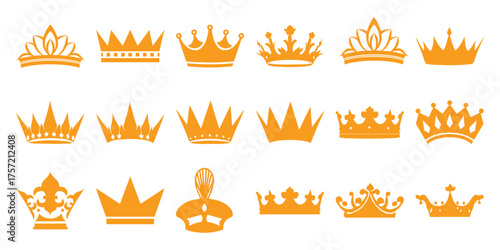 Collection of 15 Orange Crown Icons on White Background