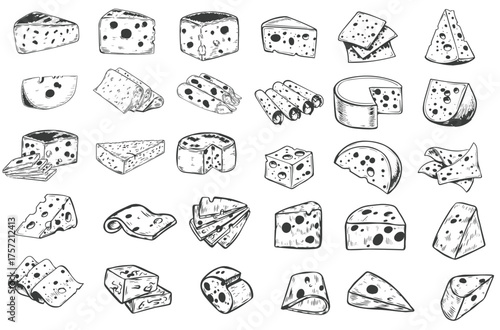 Sketch cheese. Various types of cheeses. Fresh cheddar, feta and parmesan dairy snack. Hand drawn retro vector