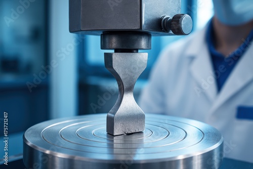 Metal specimen undergoes rigorous tensile testing using advanced industrial laboratory equipment, ensuring material integrity and future engineering innovation in a precise scientific environment