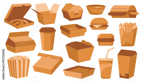 Brown and tan takeout food packaging collection vector illustration scalable eps icon set silhouette vector illustration white background