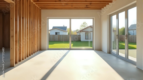 New home addition construction : open floor plan, windows, spacious design, wooden frame up, awaiting drywall, seamless room expansion, bright interior, light-filled spaces - real estate development