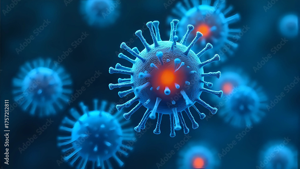 Obraz premium 3d illustration closeup of microscopic view : pathogenic virus, or influenza - pandemic, infection, medical virology research for public health awareness