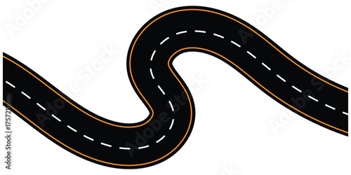 Wavy winding curves roads and horizontal path. Horizontal asphalt road template. Flat vector illustration isolated on white background