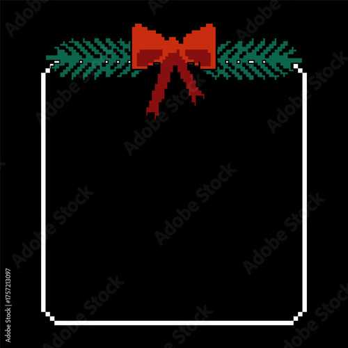 Festive pixel art frame with red bow and green pine branches for Christmas holiday decor