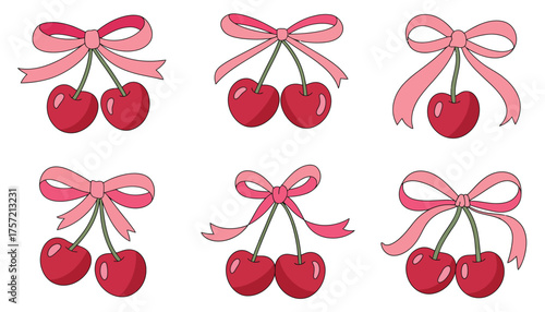 Set of six cute cherry illustrations with pink bows vector scalable eps icon graphics silhouette vector illustration white background