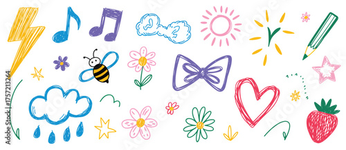 Whimsical hand drawn doodle pattern with lightning sun music notes bee clouds heart strawberry eps vector silhouette vector illustration white background