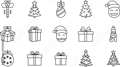 A festive vector icon set of Christmas gifts and tree decorations featuring present boxes with ribbons and bows for the winter holiday