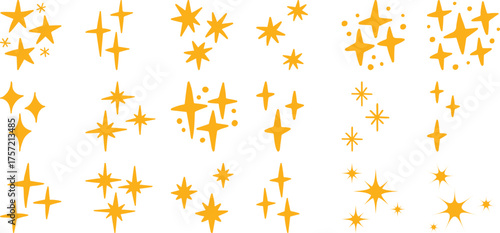 Collection of Golden Sparkle and Starburst Icons on White Background
